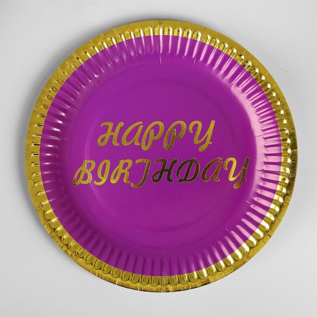 Набор фиолетовых бумажных тарелок «Happy Birthda», с золотой каймой, 18 см (6 шт) Набор фиолетовых бумажных тарелок «Happy Birthda», с золотой каймой, 18 см (6 шт)