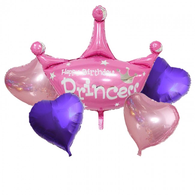 Набор фольгированных шаров для воздуха, Happy Birthday Princess (5шт) Набор фольгированных шаров для воздуха, Happy Birthday Princess (5шт)
