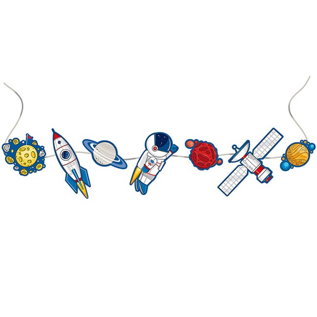 Гирлянда на ленте, бумажная «С Днем рождения» Космос, Ракеты, Космонавт, 200 см